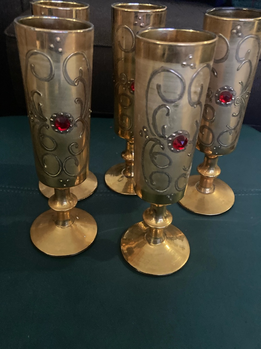 Brass Decorative Goblets with Red Gem Accents - Home Accents